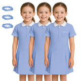 Pack of 3 Girls Summer Gingham Dress, Short Sleeves Pleated School Uniform Girls Dress, Zip Up Collared Neck with Front Pocket and Hair Bobble, Breathable Girl Summer Dress UK 3-20