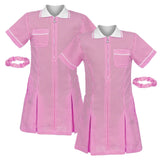janisramone Girls' Gingham School Dress, 2 Pieces Short Sleeve Checked Pattern Summer Dress Zip Pleated School Uniform Girls with Side Pockets and Hair Scrunchie, Age 3-18