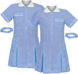 janisramone Girls' Gingham School Dress, 2 Pieces Short Sleeve Checked Pattern Summer Dress Zip Pleated School Uniform Girls with Side Pockets and Hair Scrunchie, Age 3-18
