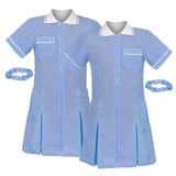 janisramone Girls' Gingham School Dress, 2 Pieces Short Sleeve Checked Pattern Summer Dress Zip Pleated School Uniform Girls with Side Pockets and Hair Scrunchie, Age 3-18