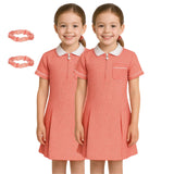 Girls Gingham School Dress, Pack of 2 Kids Short Sleeve Zip Up Pleated Check Print Summer Dress with Side Pockets and Hair Bobble, School Uniform Girls Ages 3-20