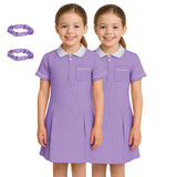 Girls Gingham School Dress, Pack of 2 Kids Short Sleeve Zip Up Pleated Check Print Summer Dress with Side Pockets and Hair Bobble, School Uniform Girls Ages 3-20