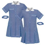 janisramone Girls' Gingham School Dress, 2 Pieces Short Sleeve Checked Pattern Summer Dress Zip Pleated School Uniform Girls with Side Pockets and Hair Scrunchie, Age 3-18