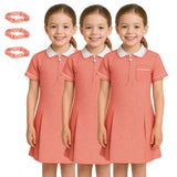 Pack of 3 Girls Summer Gingham Dress, Short Sleeves Pleated School Uniform Girls Dress, Zip Up Collared Neck with Front Pocket and Hair Bobble, Breathable Girl Summer Dress UK 3-20