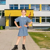 janisramone Girls' Gingham School Dress, 2 Pieces Short Sleeve Checked Pattern Summer Dress Zip Pleated School Uniform Girls with Side Pockets and Hair Scrunchie, Age 3-18