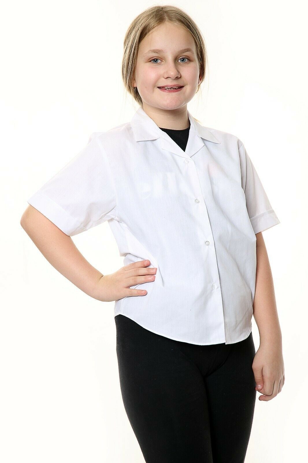 Revere Poly Cotton Fabric Collar Blouse School Uniform Shirts White Short Sleeve For Kids Girls