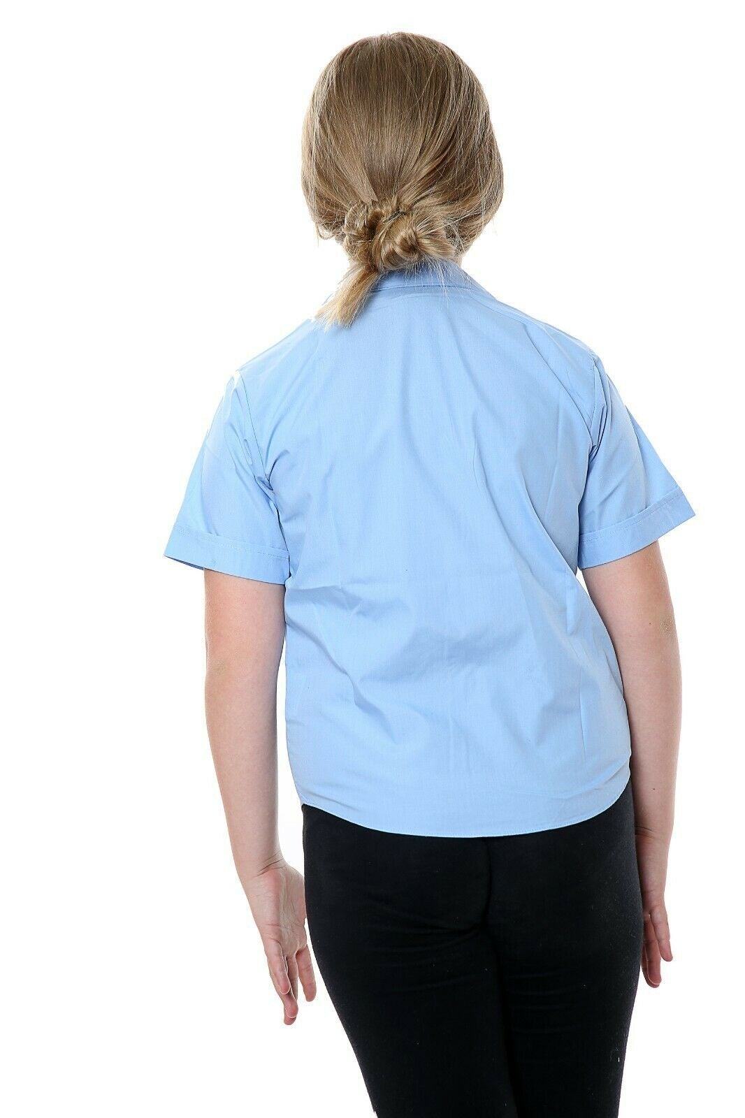 Kids Girls Poly Cotton Fabric Revere Collar Blouse School Uniform Shirts Blue Short Sleeve