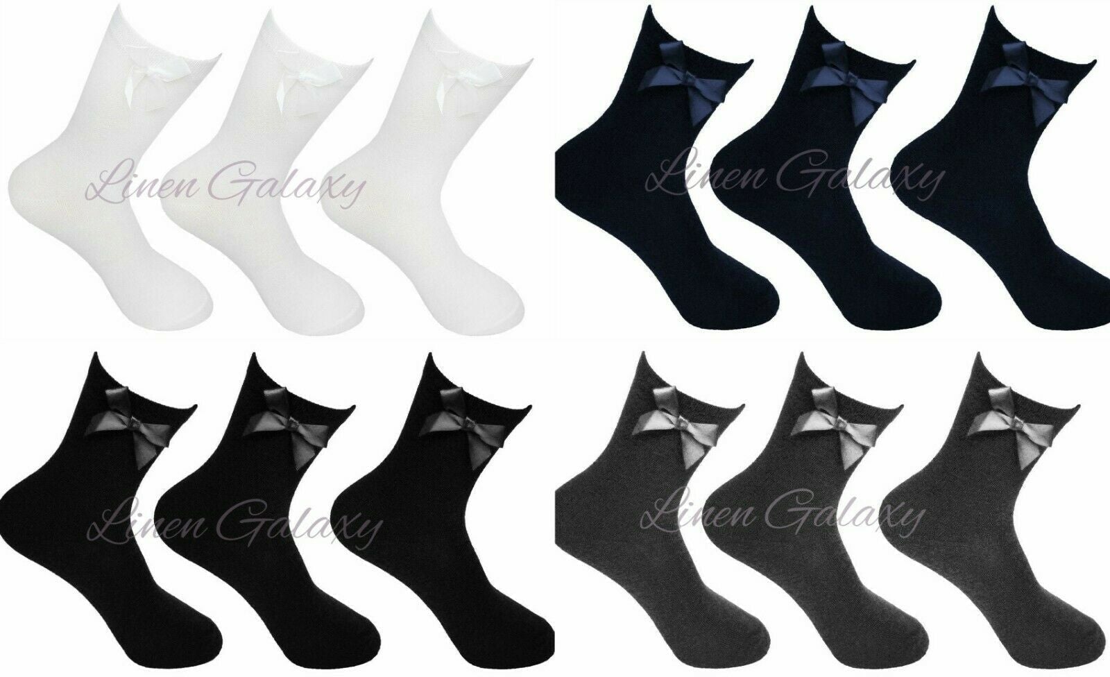 3 Pairs Ankle Bow Kids Girls Ankle Bow Socks School Uniform Party -Navy