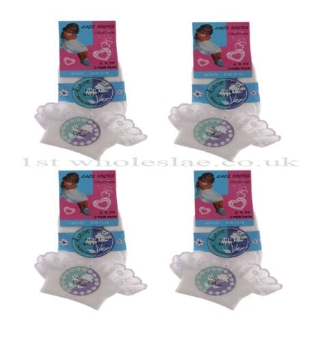 3 Pairs Girls School Socks Frilled for Kids Frilly Lace Ankle White Colour